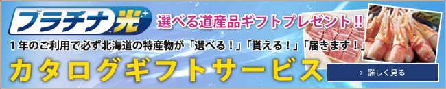 「プラチナ光」1年のご利用で必ず北海道の特産品が「選べる！」「貰える！」「届きます！」選べる道産品ギフトプレゼント!!詳しく見る